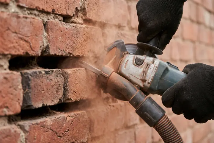 Oude voeg die met een slijpschijf en stofafzuiging uit het metselwerk gehaald wordt